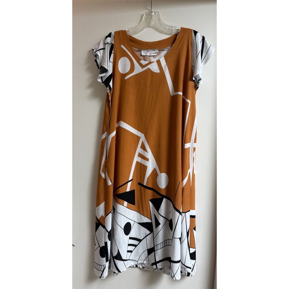 Abstract Yellow Sundress Geometric M Shift Flutter 90s Pocket Vtg Buenas Duster - Picture 2 of 8
